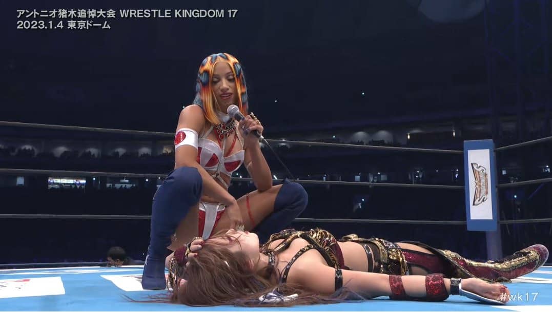 Mercedes Mone fka Sasha Banks debuts at NJPW Wrestle Kingdom 17 January 4 2023 confronts Kairi TKO