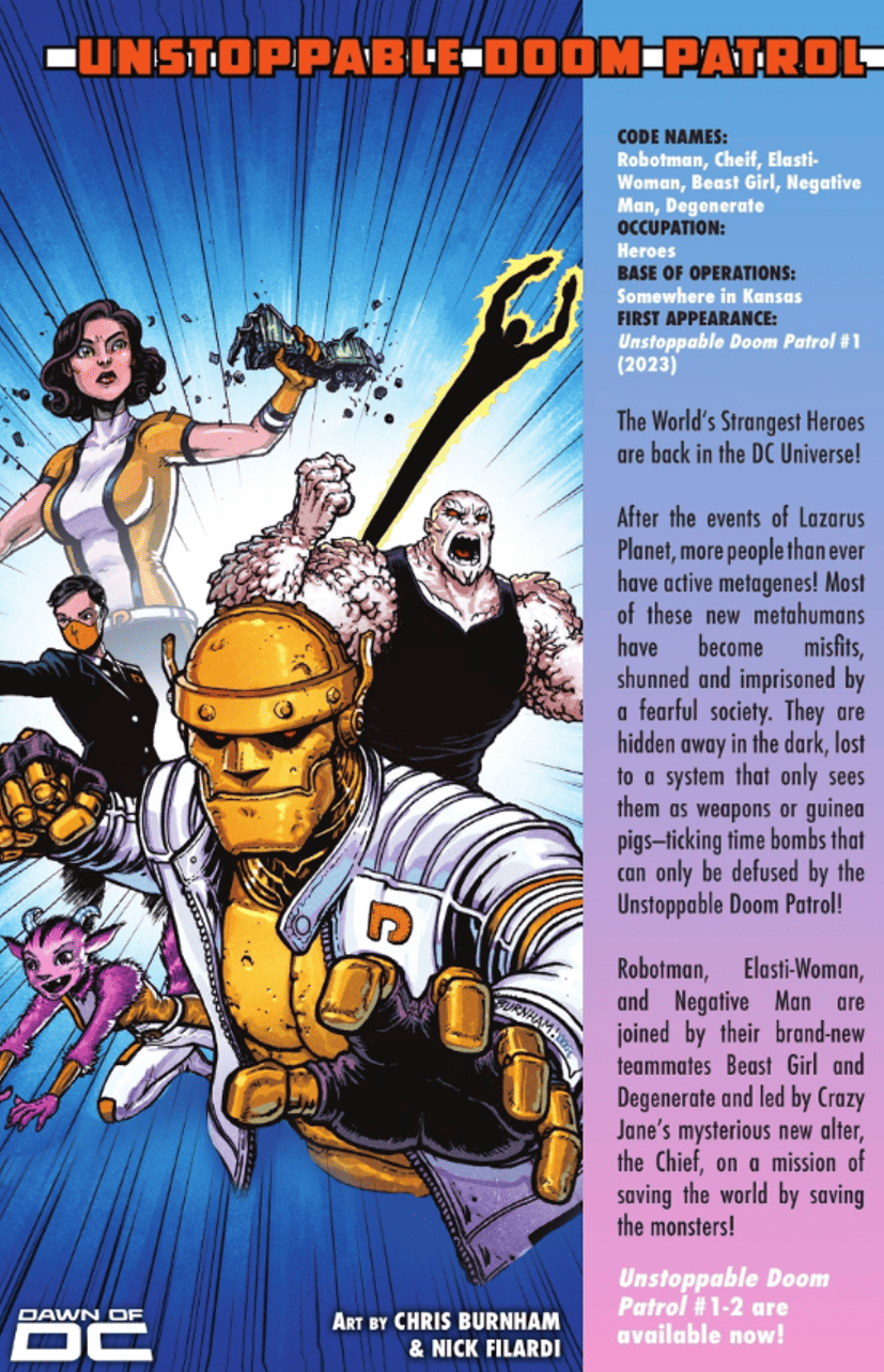 Dawn of DC Primer #1 spoilers 21 Doom Patrol Who's Who Secret Files Unstoppable Doom Patrol