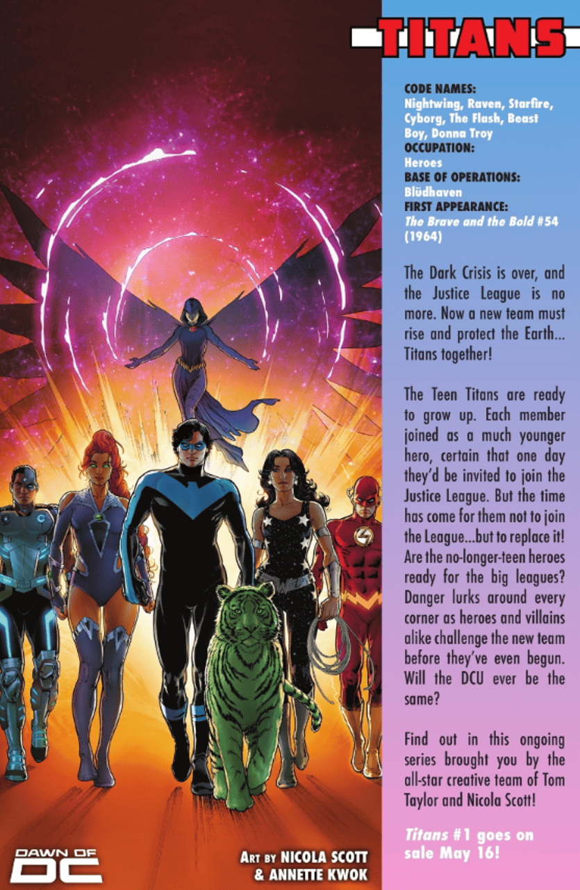 Dawn of DC Primer #1 spoilers 22 Titans Who's Who Secret Files new Justice League not New Teen Titans