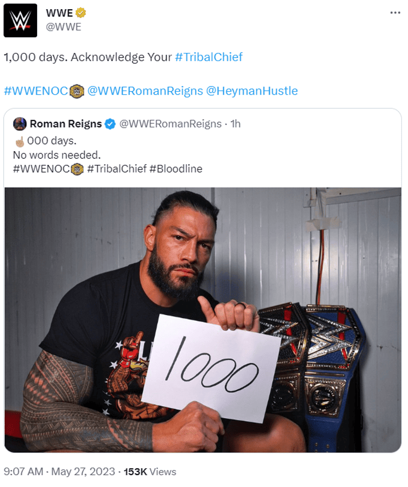 Roman Reigns as WWE Champion 1000 Days May 27 2023