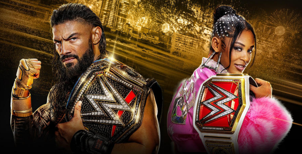 WWE Night of Champions 2023 banner Roman Reigns & Bianca Belair