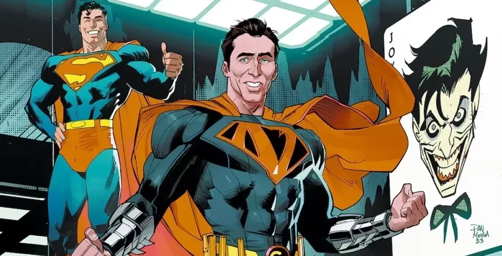 Batman Superman World's Finesy #19 banner Nicolas Cage as Superman but not Tim Burton's Superman Lives by Dan Mora