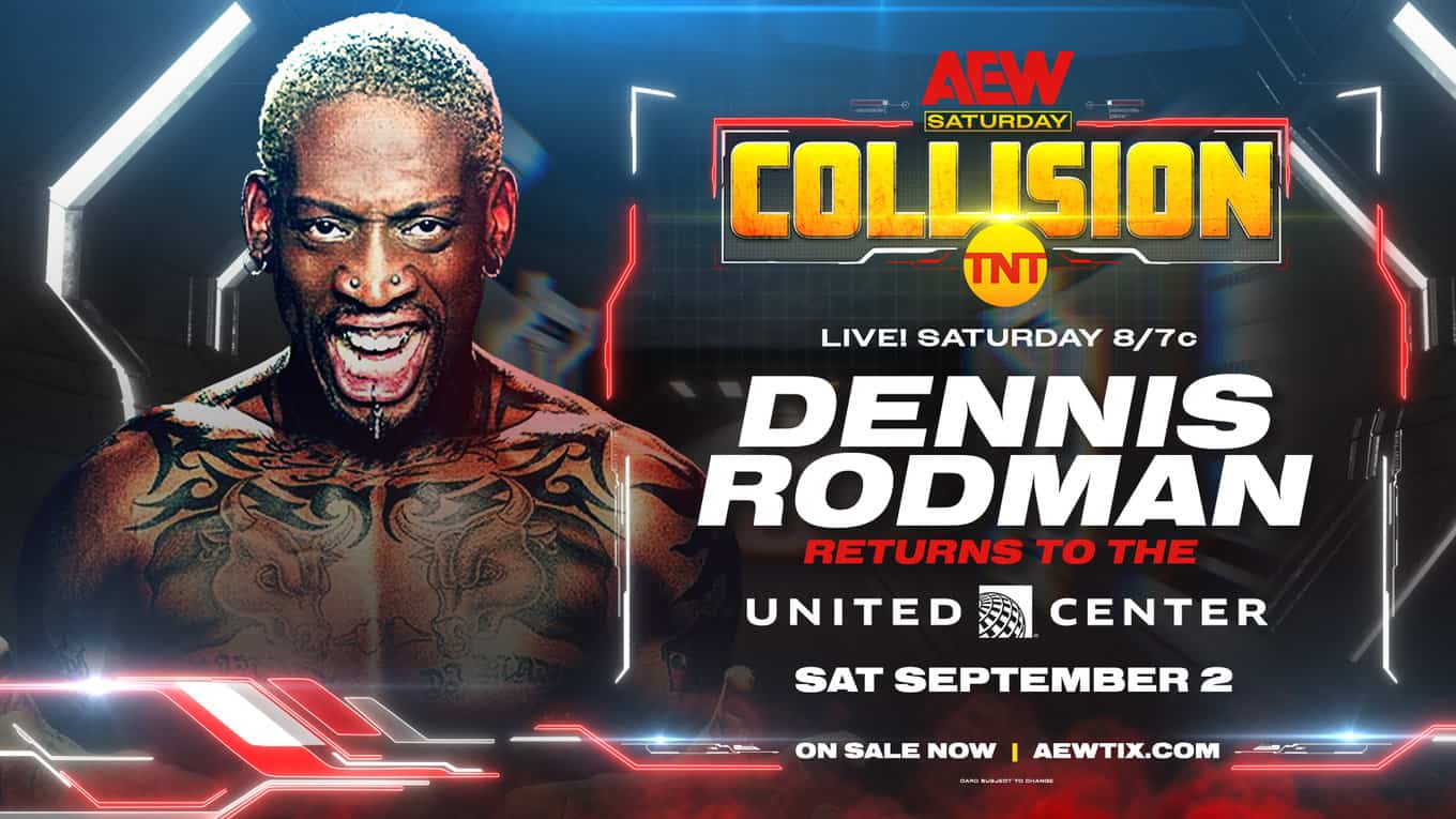 former Chicago Bulls basketball player Dennis Rodman at AEW Collision & AEW All-Out 2023